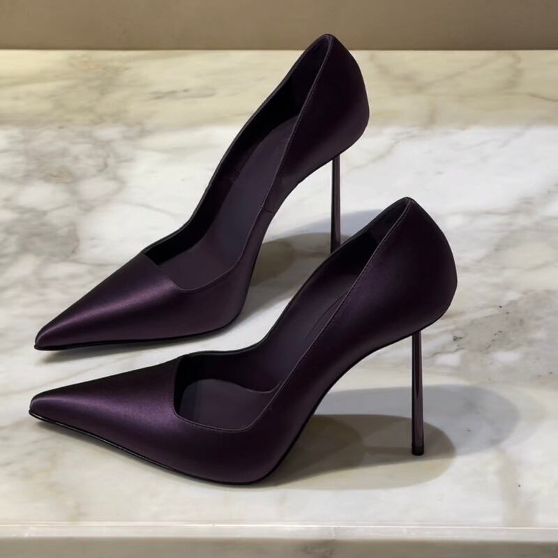 Purple High-Heeled Shoes for Women, Satin Surface, Elegant, Slimming, Ultra-Thin Heel, Pointed Toe, Shallow Mouth, Pure and Sexy, Round Heel, Socialite Style Shoes