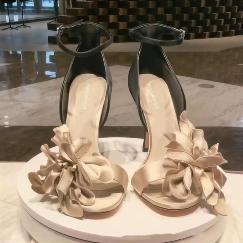 High-Heeled Shoes for Women, Orchid Flower, Light Gold Satin, Open Toe, Stiletto Heel, Color-Blocking, Sexy Floral, Single Strap, Vintage Sandals High-Heeled Shoes for Women, Orchid Flower, Light Gold Satin, Open Toe, Stiletto Heel, Color-Blocking, Sexy Floral, Single Strap, Vintage Sandals
