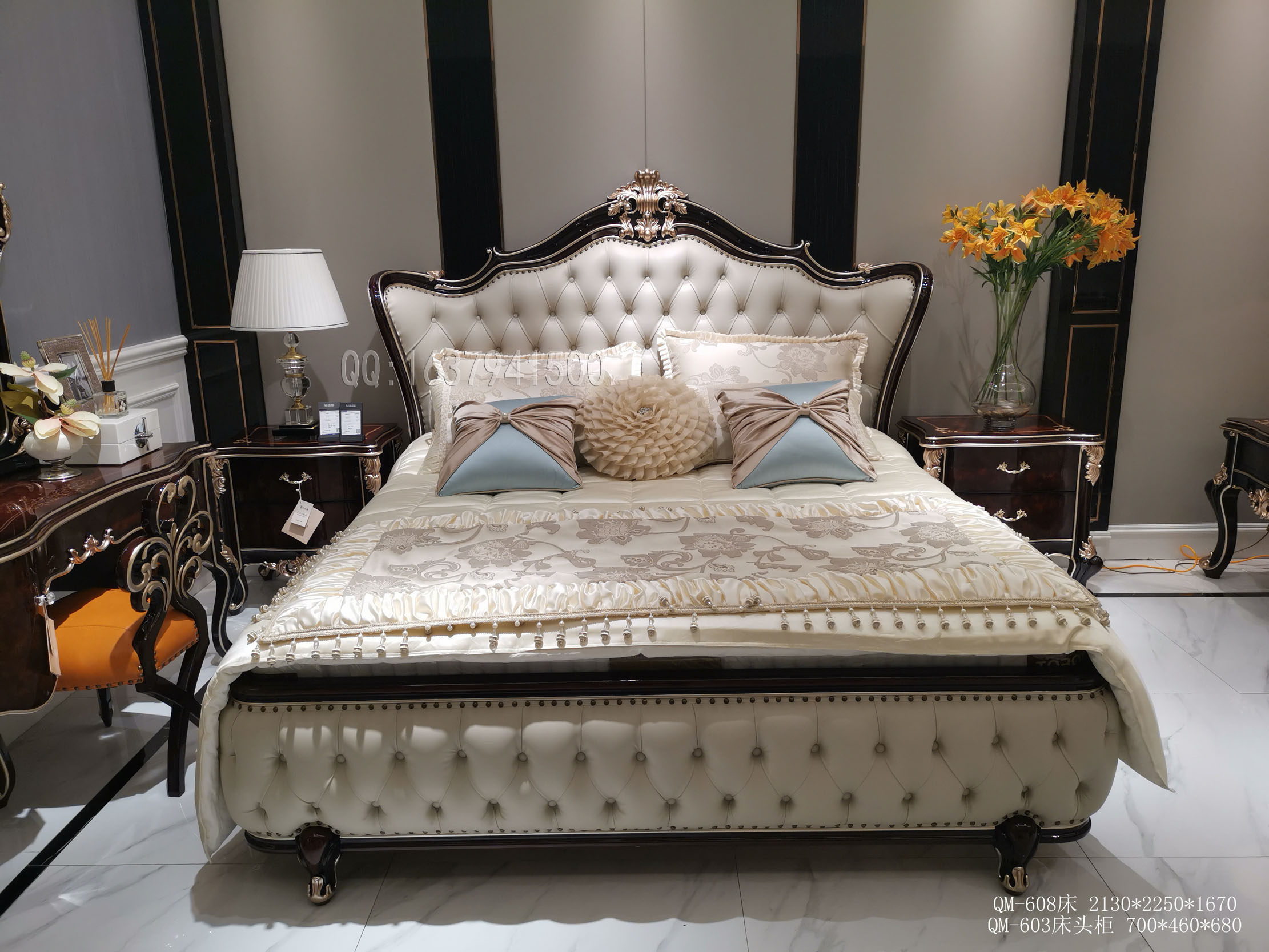 Eurostyle French style solid wood Neoclassical furniture Raffey red FB08 large bed double bed and bed head cabinet