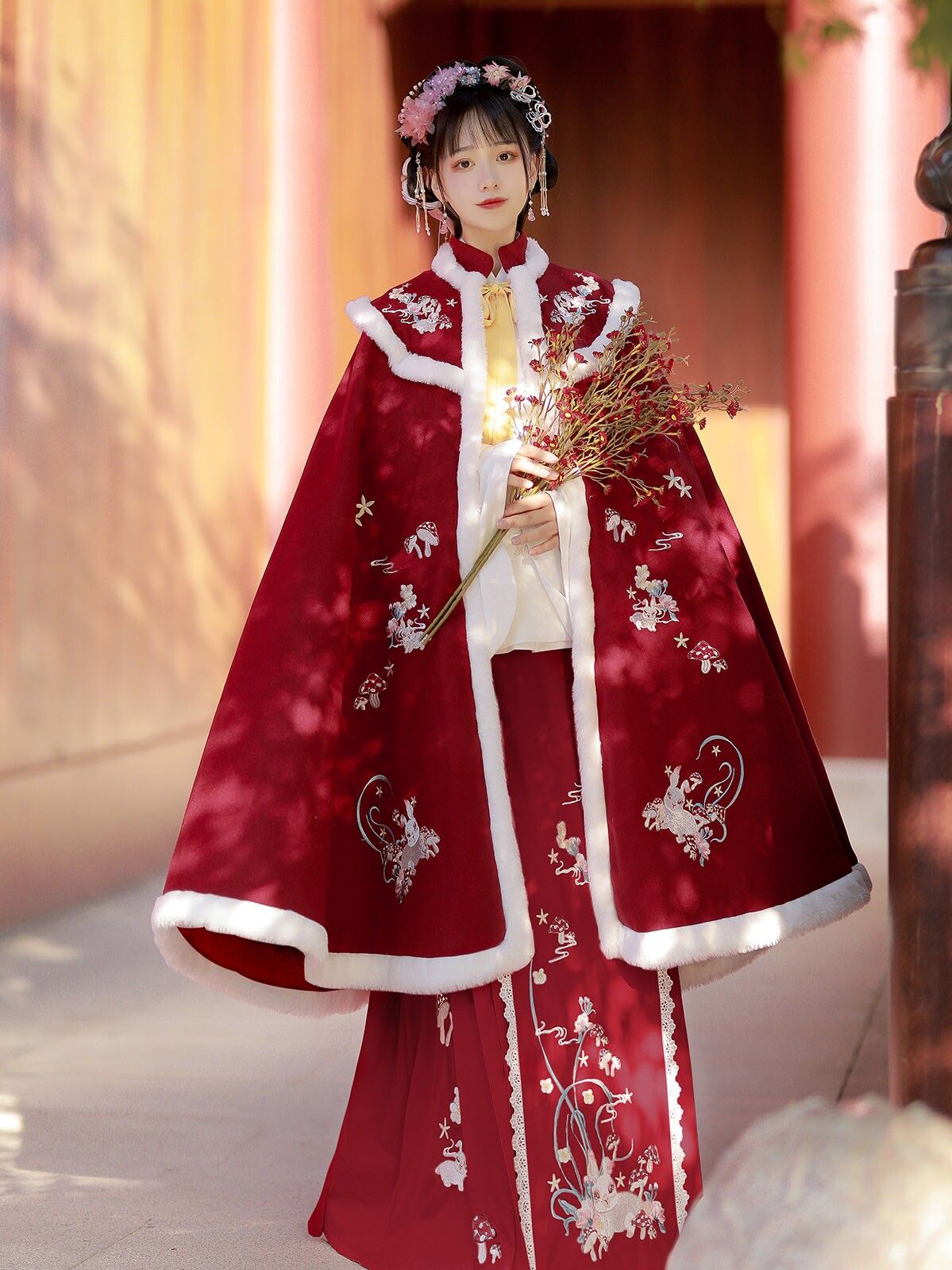 Original Ming cloak Hanfu female velvet thickened horse-face skirt jacket Chinese style cloak costume Red New Year's eve winter
