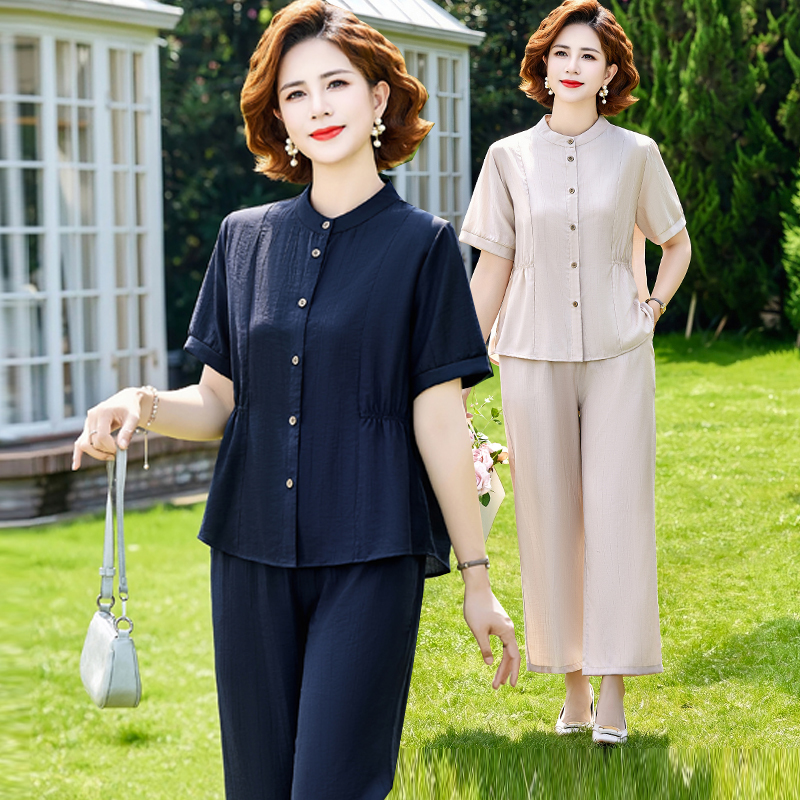 Fat Mom Summer High-End Tencel Linen Short-Sleeved Shirt Set Middle-Aged and Elderly Style New Cotton and Linen Two-Piece Set for Women Fat Mom Summer High-End Tencel Linen Short-Sleeved Shirt Set Middle-Aged and Elderly Style New Cotton and Linen Two-Piece Set for Women
