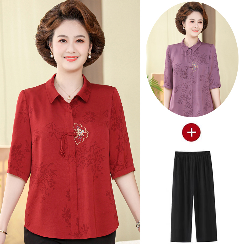 Middle-Aged Mother-In-Law Summer Outfit for Wedding Banquet, Silk Half-Sleeve Shirt for Plus-Size Mom, Mulberry Silk New Chinese-Style Top Two-Piece Set for Women