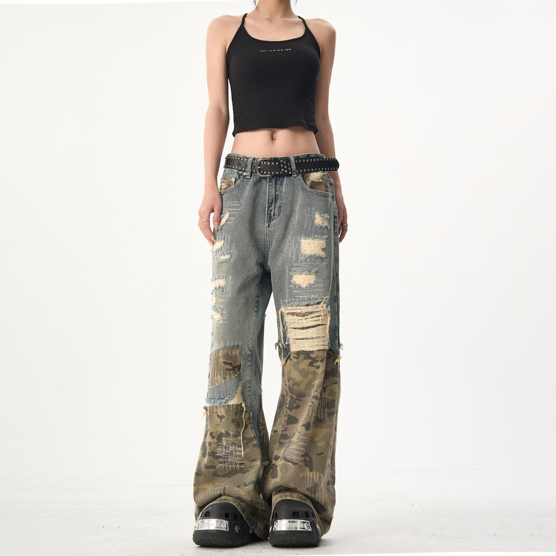 American Retro Camouflage Splicing Wide-Leg Jeans for Men and Women Trendy Brand Cleanfit Loose Straight Casual Pants