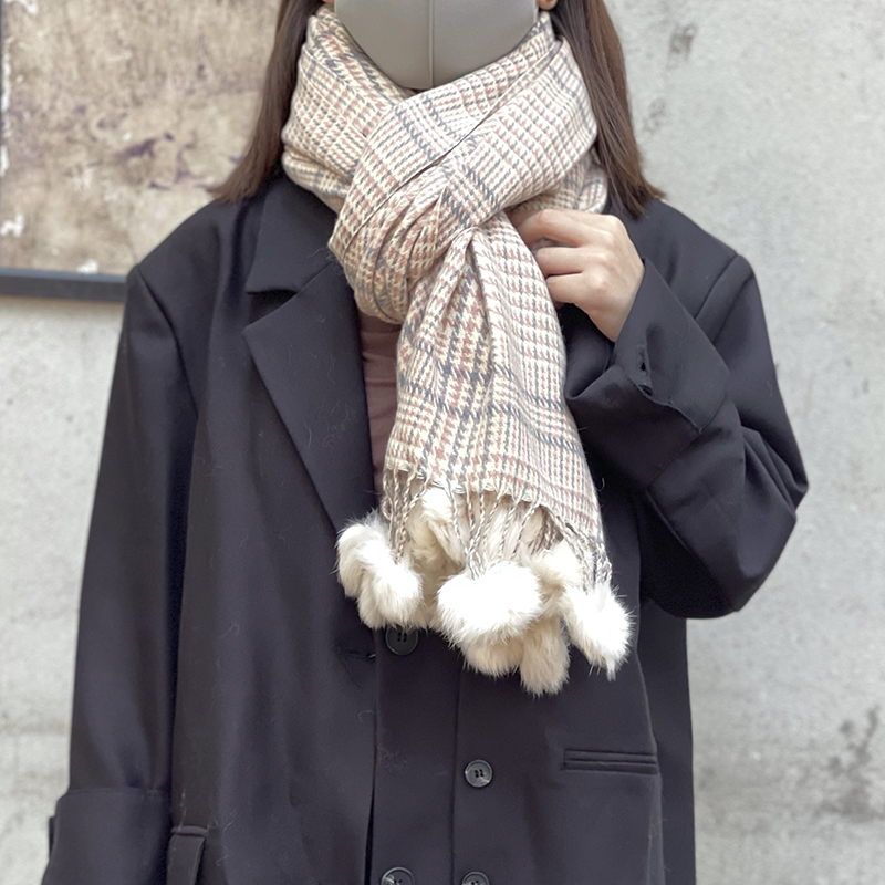 Rabbit hair ball imitation cashmere scarf women's autumn and winter, Japanese Joker Ai student lattice bib winter tassel