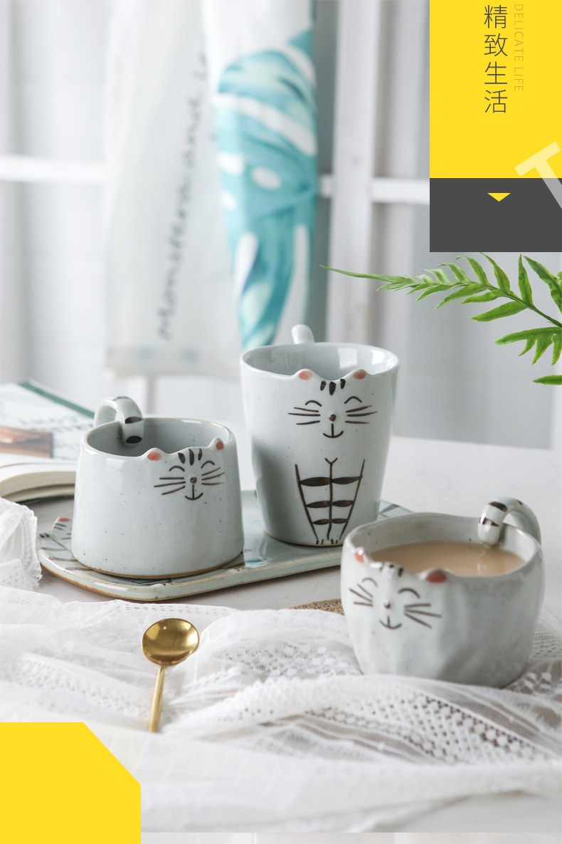 Creative Japanese ceramic keller of coffee cup with content disc coarse pottery hand - drawn cartoon cup a birthday present
