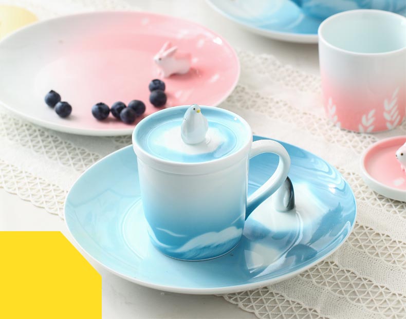 Creative mugs ceramic coffee cup with cover spoon plate pink girl heart of Japanese cartoon breakfast cup for ranging