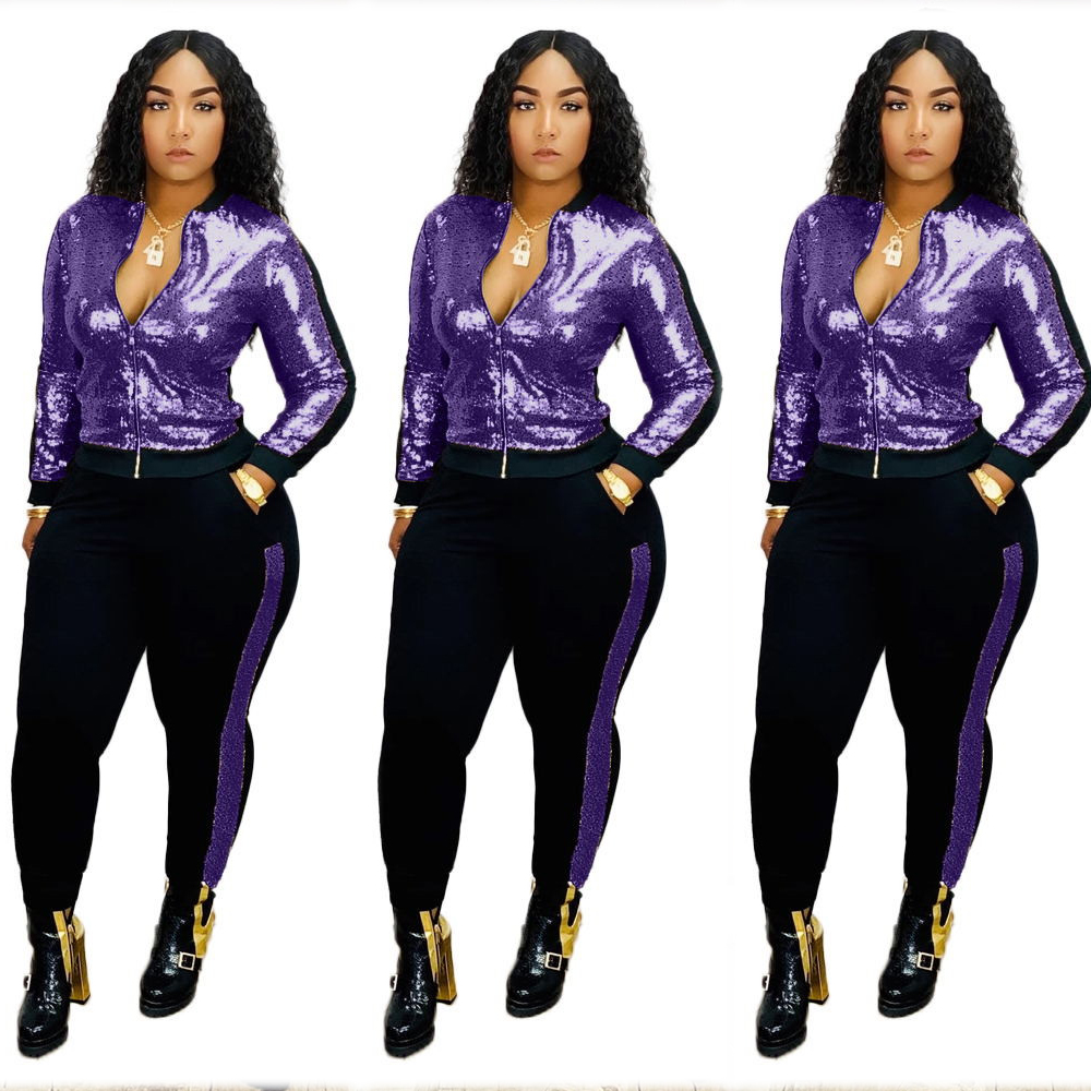 Sequins Decor Zip Top & Pants Set NSYF47080