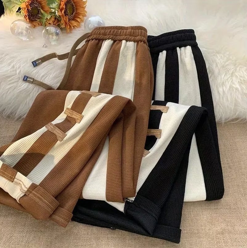 Waffle Knit Sweatpants for Men, Spring, Autumn, and Summer, Straight-Leg, Loose-Fitting, Versatile Casual Long Pants, Striped Color-Blocked Wide-Leg Sports Pants