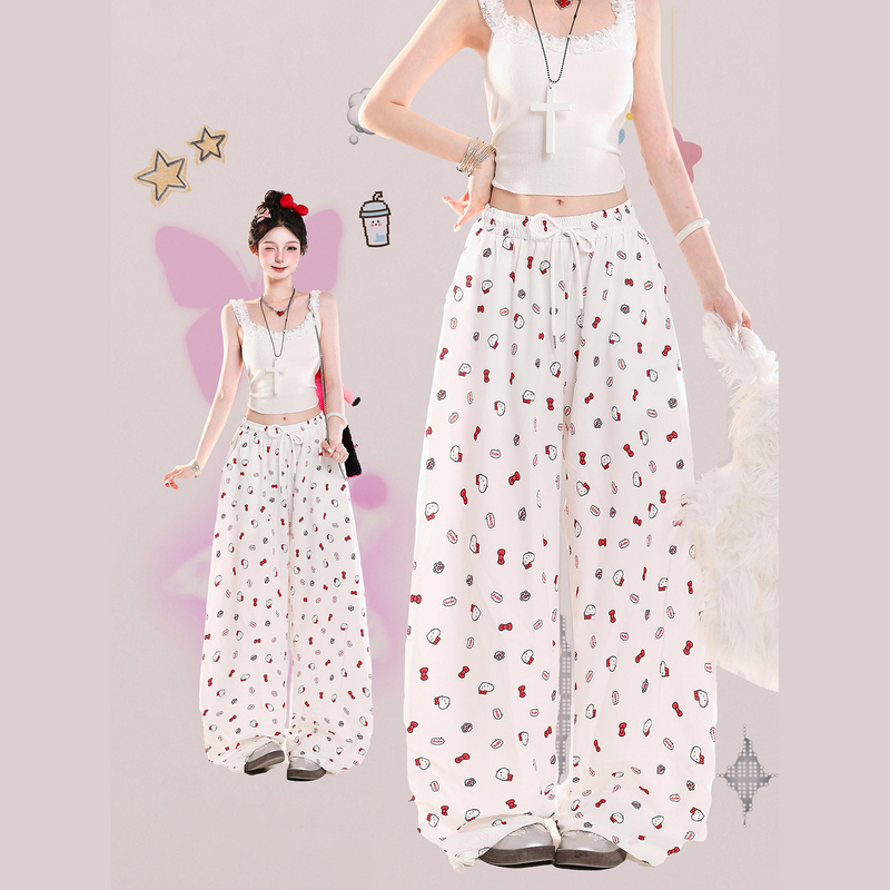 Korean Style Lazy Casual Pants with Hello Kitty All-Over Print for Women, Summer Super Popular Loose Bf Casual Versatile Slimming Wide-Leg Pants