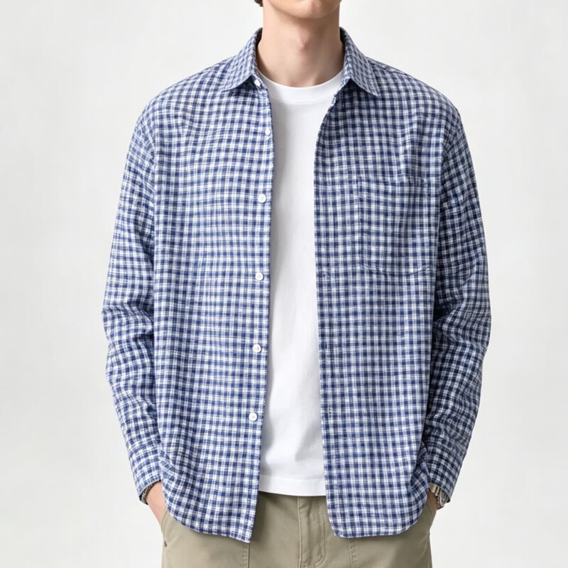 Japanese Retro Blue and White Houndstooth Fine Check Shirt for Young Men, Loose Fit, Slimming, Casual Long-Sleeve Plaid Shirt, Trendy Japanese Retro Blue and White Houndstooth Fine Check Shirt for Young Men, Loose Fit, Slimming, Casual Long-Sleeve Plaid Shirt, Trendy