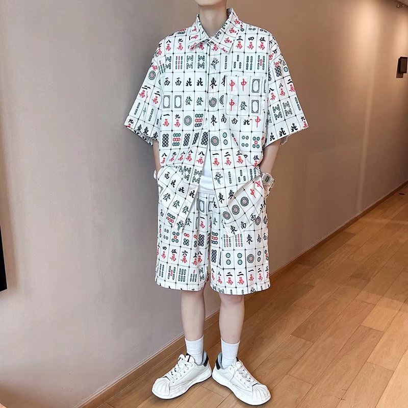 Summer Two-Piece Set, Unique Mahjong-Themed Clothing for Men, Designer Niche Short-Sleeve Fun Couple Shirts, Street Fashion Brand Summer Two-Piece Set, Unique Mahjong-Themed Clothing for Men, Designer Niche Short-Sleeve Fun Couple Shirts, Street Fashion Brand