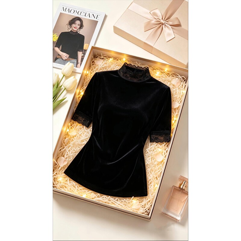 Half-High Collar Lace Black Three-Quarter Sleeve T-Shirt for Women, Popular Autumn Style, Fur Inner Layer, Velvet Base Shirt, Half-Sleeve Top Half-High Collar Lace Black Three-Quarter Sleeve T-Shirt for Women, Popular Autumn Style, Fur Inner Layer, Velvet Base Shirt, Half-Sleeve Top