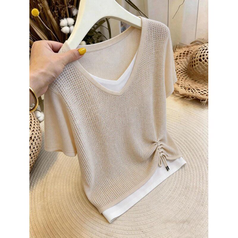 French-Style T-Shirt for Women, Stylish and Beautiful Top for Going Out, 2026 Summer New Style, Fake Two-Piece Short-Sleeved Knitted Apricot-Colored Top