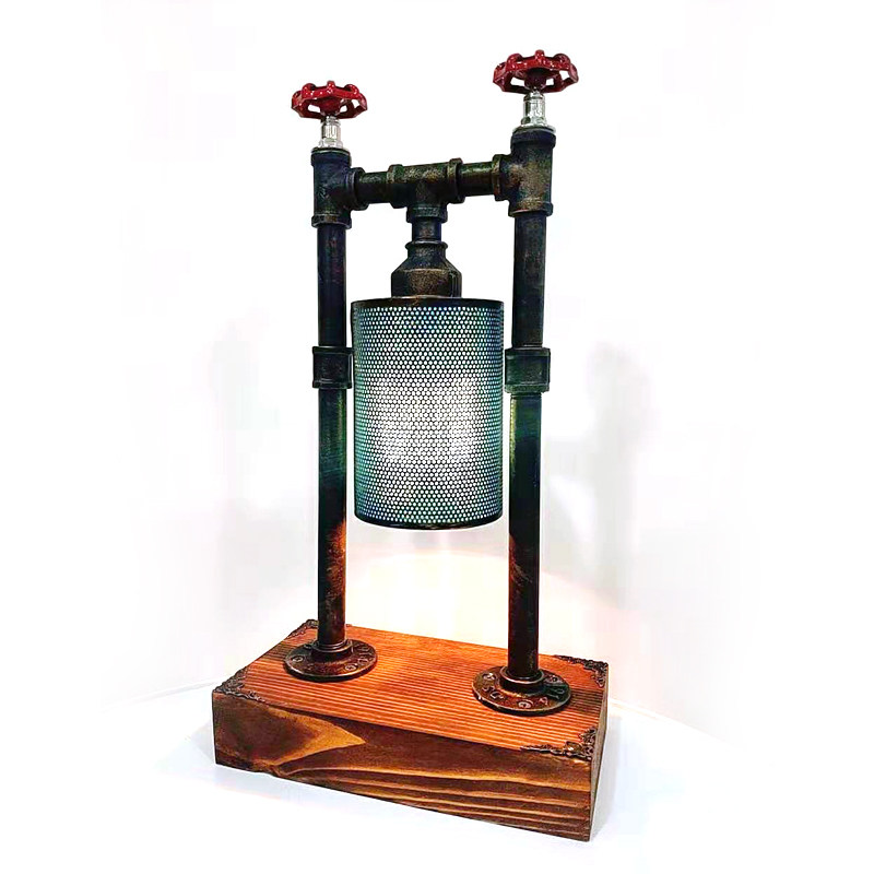Creative solid wood American decorative lamp study bedroom bedside lamp metal water pipe valve industrial wind retro nostalgia