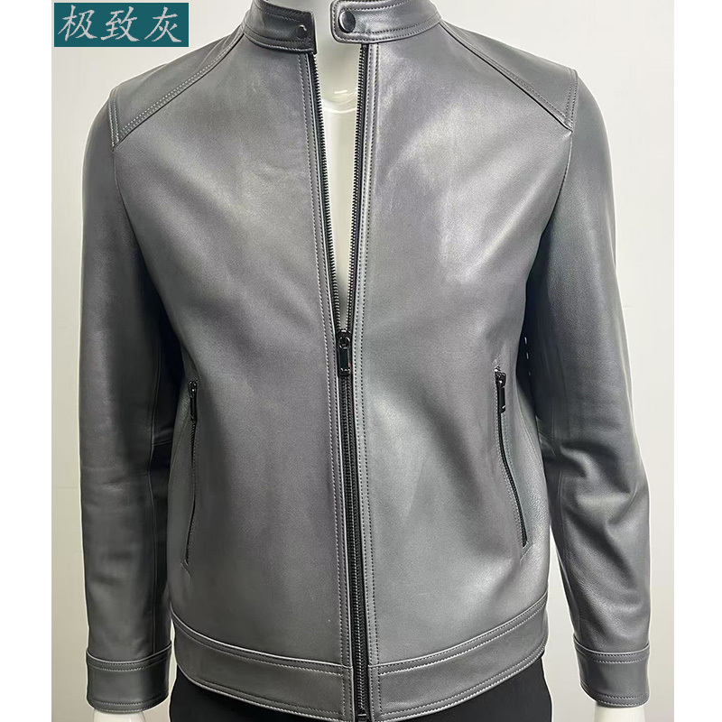 Special High-Grade Gray 100% First-Layer Goat Leather Men's Fashionable and Handsome Short Stand-Collar Leather Jacket