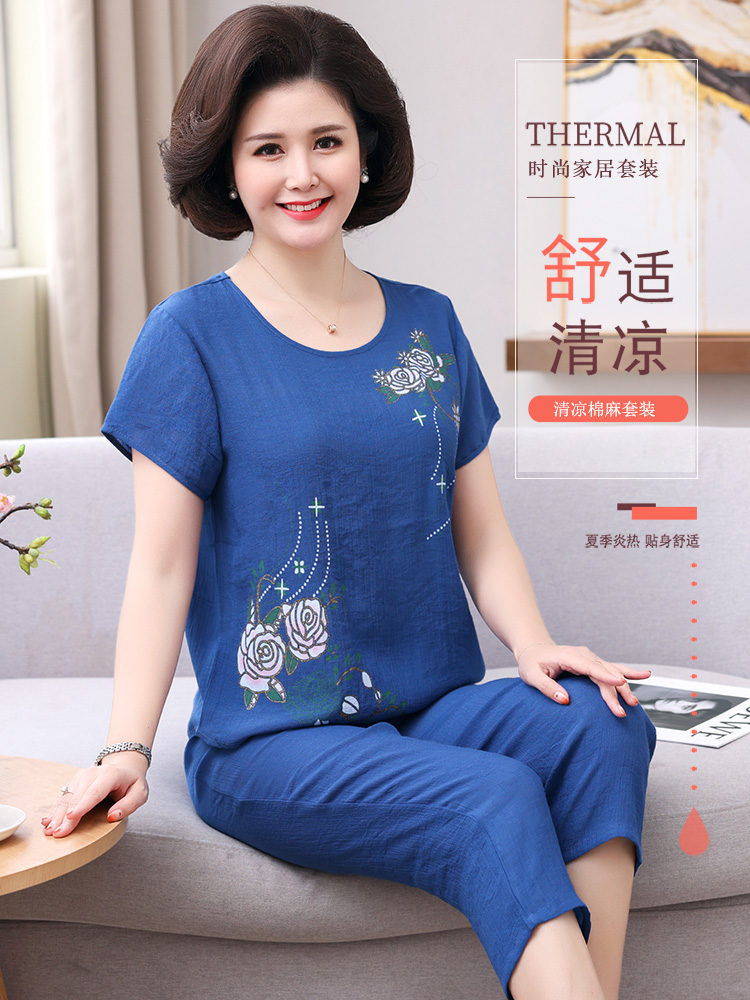 Mom pajamas women's summer short-sleeved cotton hemp middle-aged women thin cotton hemp summer large size printed two-piece set