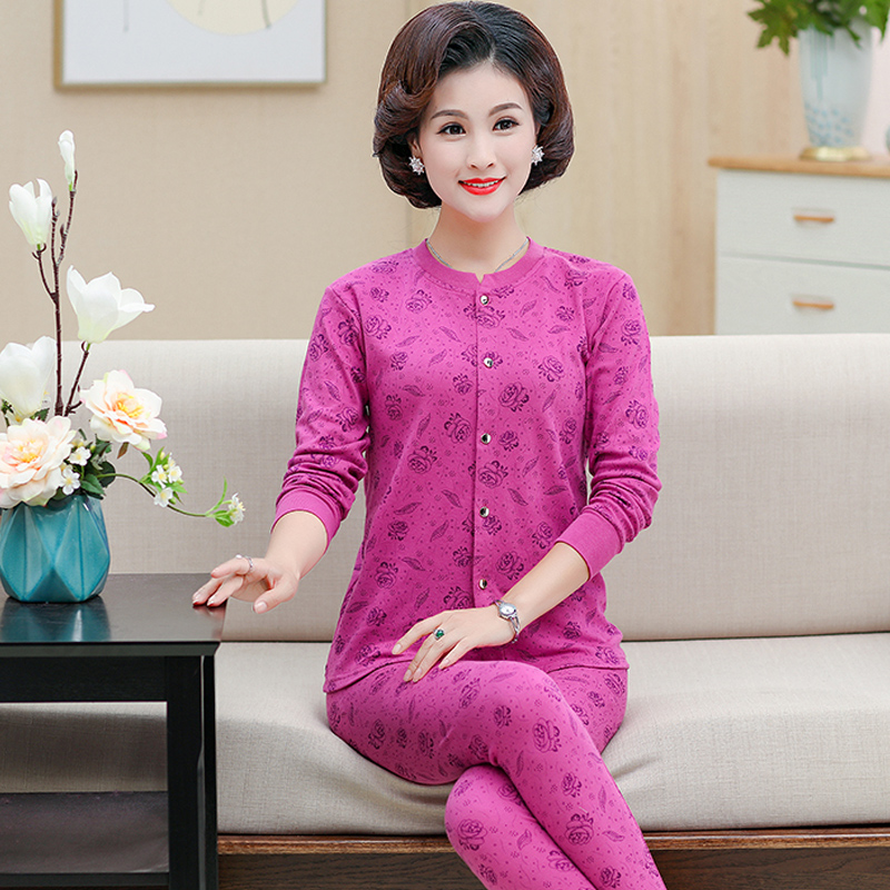 người trung niên và người già bông mở cardigan ấm đồ lót womens bông lớn sân cardigan quần mùa thu mỏng quần bông áo len set.