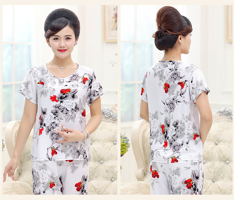 Mùa hè cotton ngắn tay của phụ nữ mỏng trung niên bông lụa đồ ngủ tops của mẹ mảnh duy nhất để tăng giản dị quần áo khách đồ bộ kiểu