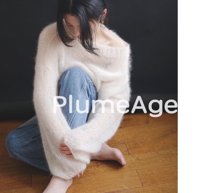 Plumeage Upgraded Top with Cream White\Purple Black Full Silk Mohair Hand-Knitted Sweater One-Line Collar Blouse