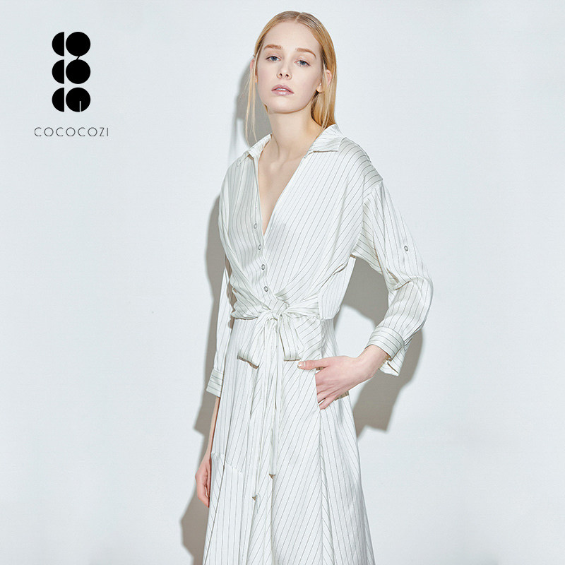 COCOCOZI V领真丝混纺 条纹连衣裙 天猫优惠券折后￥599包邮（￥699-100）