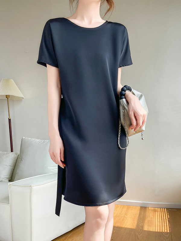 Light and Mature Elegant Style Acetate Satin Round Neck Short-Sleeved Dress for Women, Summer Satin Lace-Up Mid-Length Elegant Dress Light and Mature Elegant Style Acetate Satin Round Neck Short-Sleeved Dress for Women, Summer Satin Lace-Up Mid-Length Elegant Dress