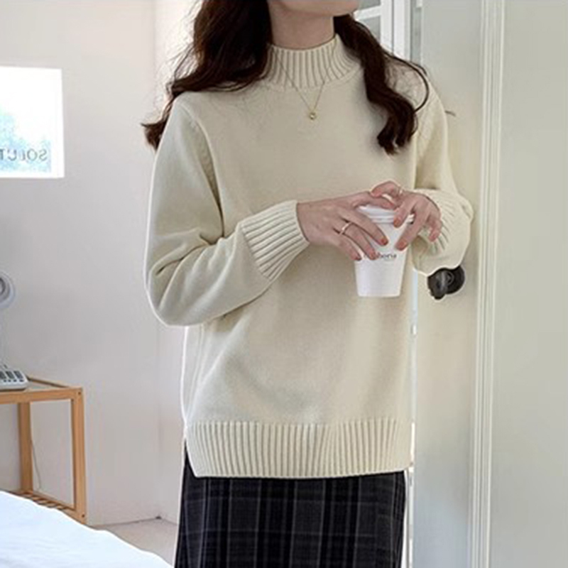 100% Pure Cotton Half-Turtleneck Sweater for Women, Autumn and Winter, Loose Fit, Casual Style, Thick Pullover Knit Base Shirt Top