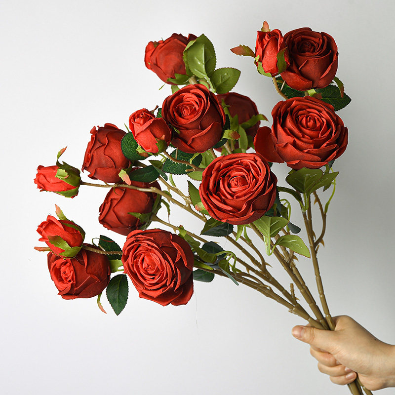 Emulated bulls Moroccan red rose dry flower fake floral floral livingroom tabletop flower arrangement new house soft-mounted decoration pendulum piece-Taobao