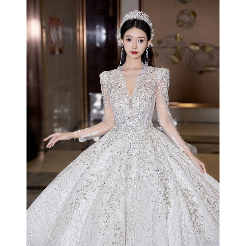 Французское легкое свадебное платье bride 2025, новая основная пряжа с длинными рукавами, высококачественная текстура, тяжелая промышленность, беременные женщины, маленькие люди, высококачественный хвост