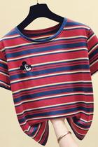 Korean cotton striped Mickey short sleeve t-shirt women 2021 summer New loose Joker round neck slim coat tide