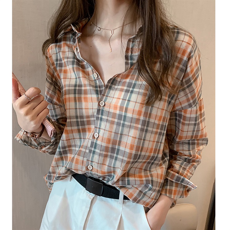 Plaid shirt women wear 2022 summer new retro Hong Kong style design niche loose all-match long-sleeved top