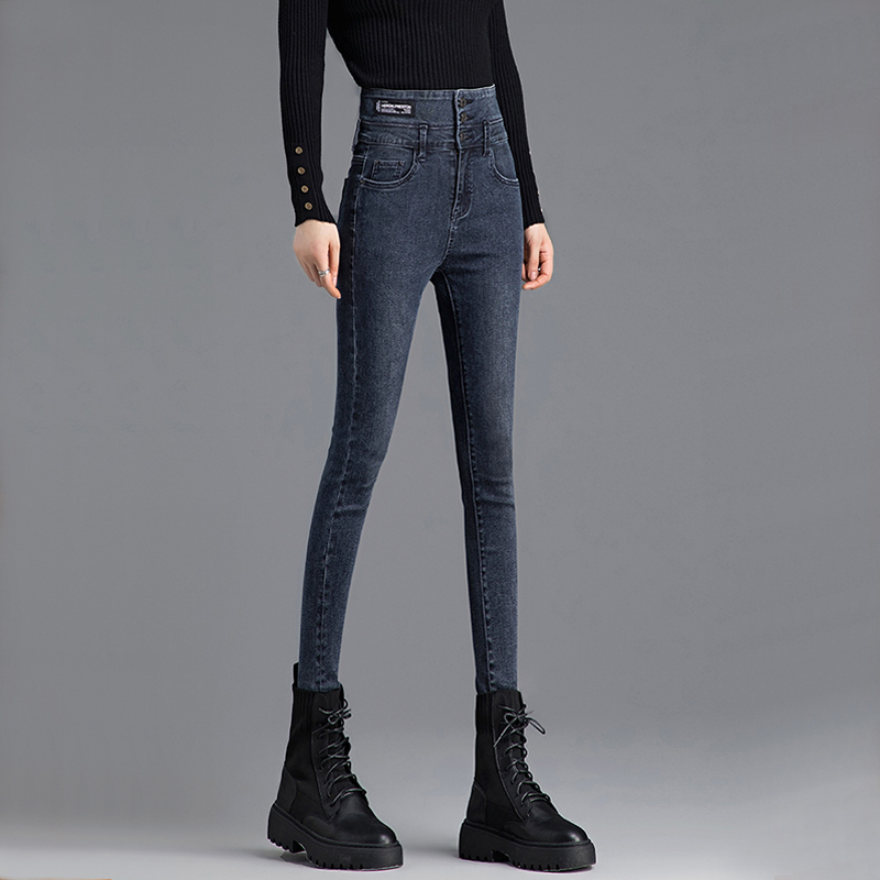 High-waisted belly Korean jeans women's tight-fitting narrow-pipe pants 2022 autumn and winter new slim plus velvet slim pencil pants