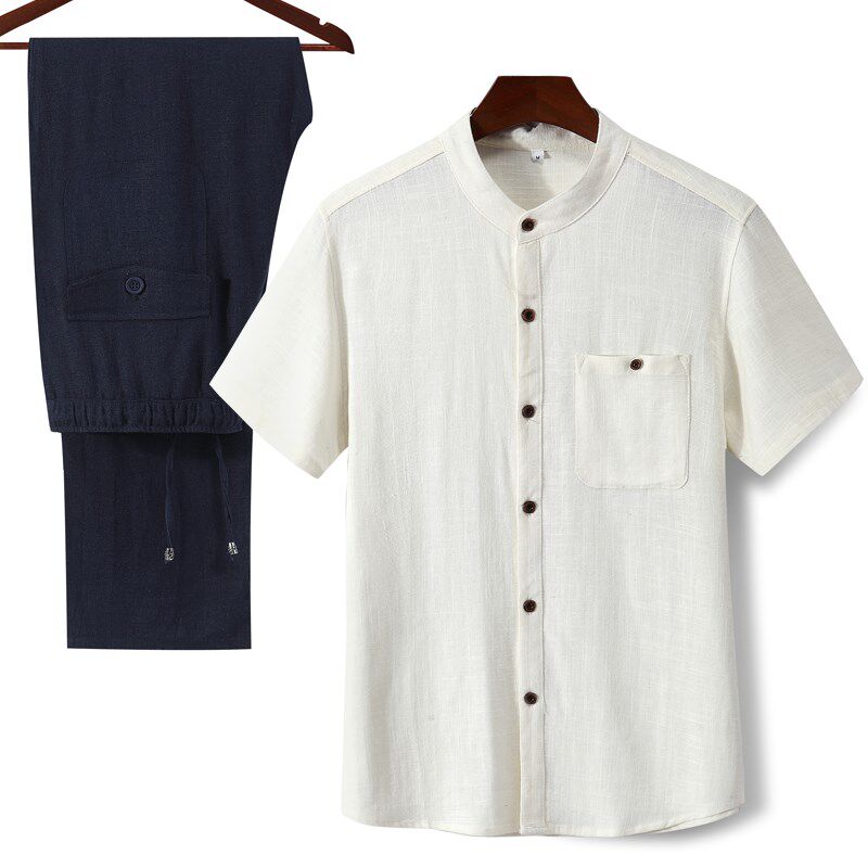 Linen Tang suit men's short-sleeved middle-aged and elderly grandpa summer clothes old man clothes old man retro style cotton and linen suit