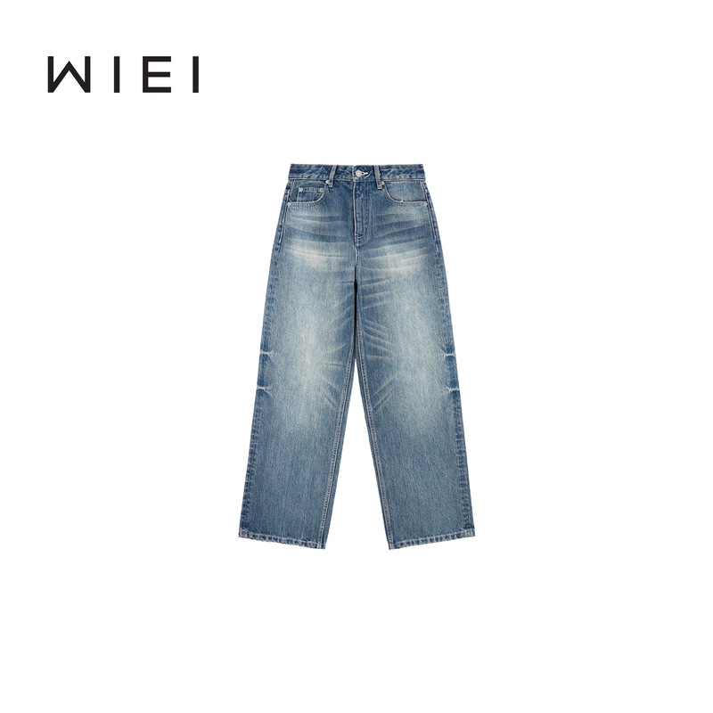 《Wi Ei》Oil Painting Denim Slub Yarn Classic Cat Scratch Straight-Leg Jeans W25303090