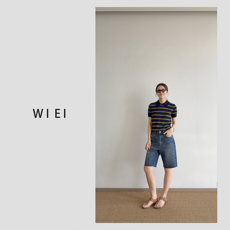 《Wi Ei》Log* Machine Washable Yangzi Ultra-Fine Wool Polo Knit Striped Short Sleeve W25209079