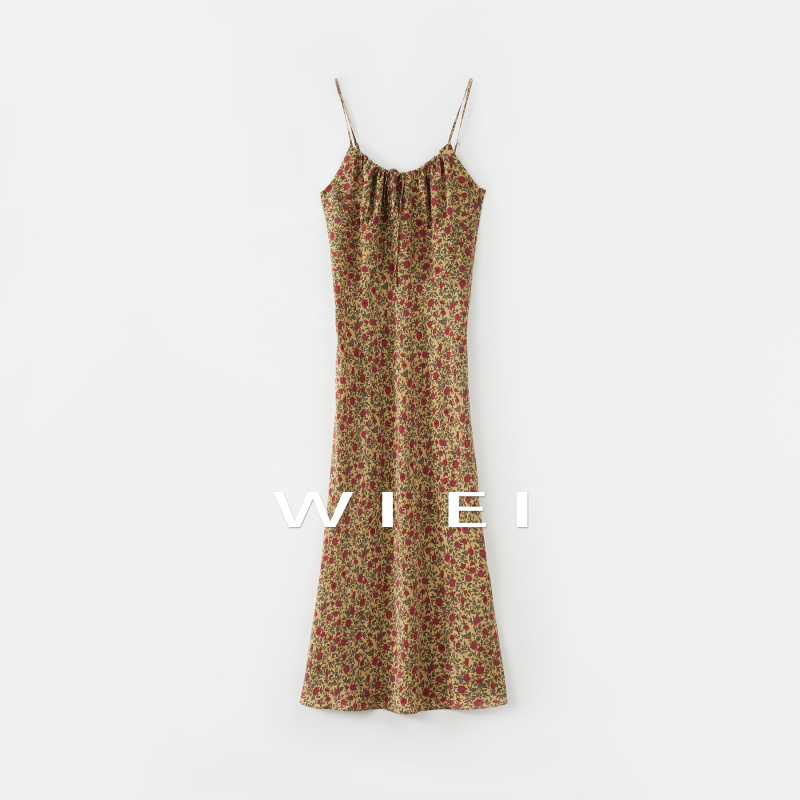 《Wi Ei》Small Floral Long Dress 100% Mulberry Silk 16mm Vintage Floral Suspender Dress W26105099