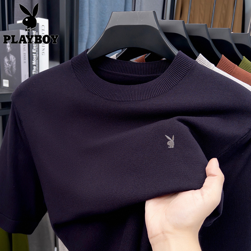 Playboy Men's Short-Sleeved Wool Sweater Round Neck Half-Sleeve T-Shirt Spring and Autumn New Versatile Knitted Base Shirt Sweater