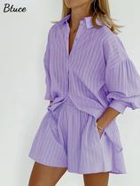 Stripe Solid Women Cotton Shorts Shirt 2 Piece Set Loose Jac