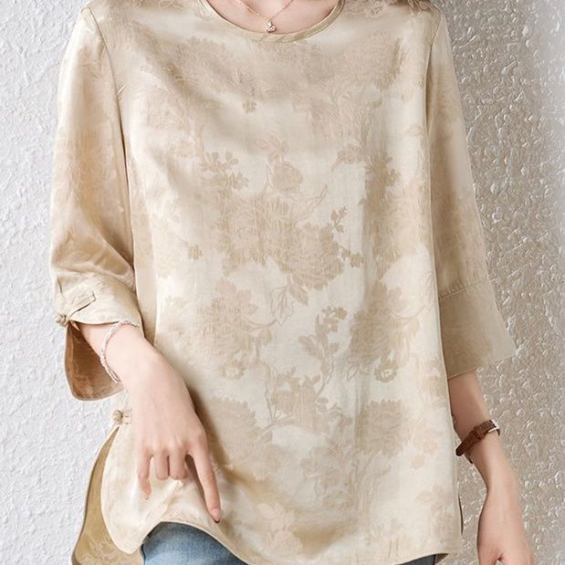 New Chinese-Style Shirt for Women 2026 New Model with a High-End Feel, Jacquard Retro National Style Button-Up Top, Three-Quarter Sleeve Shirt for Export