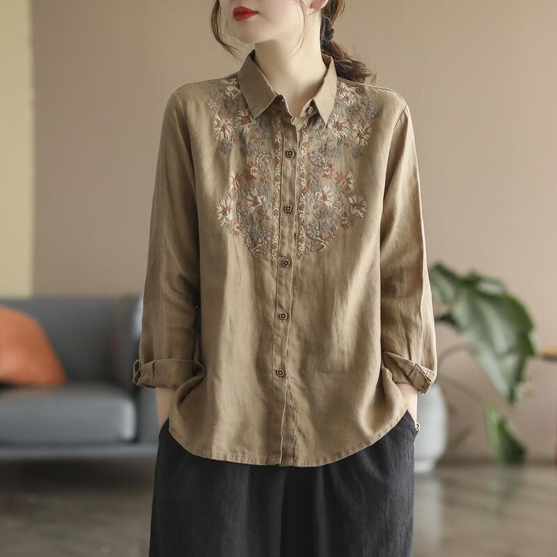 Vintage Ethnic Style Embroidered Cotton-Linen Shirt with Turn-Down Collar, Loose Fit, Versatile Long-Sleeve Top for Spring and Autumn 2026, Export Vintage Ethnic Style Embroidered Cotton-Linen Shirt with Turn-Down Collar, Loose Fit, Versatile Long-Sleeve Top for Spring and Autumn 2026, Export