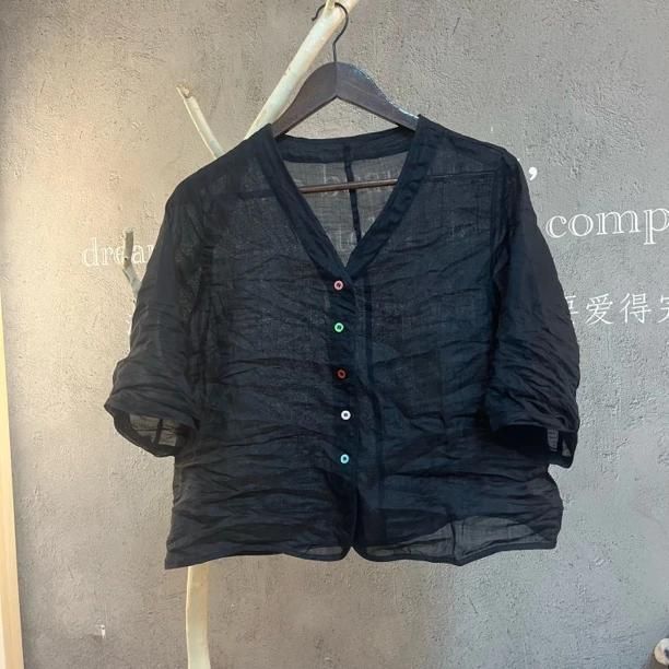Short, Colorful Button-Down V-Neck Shirt for Petite Women, Cotton and Linen Cardigan, Artistic, Fashionable, Versatile, Solid Color, Sun-Protective Top ins