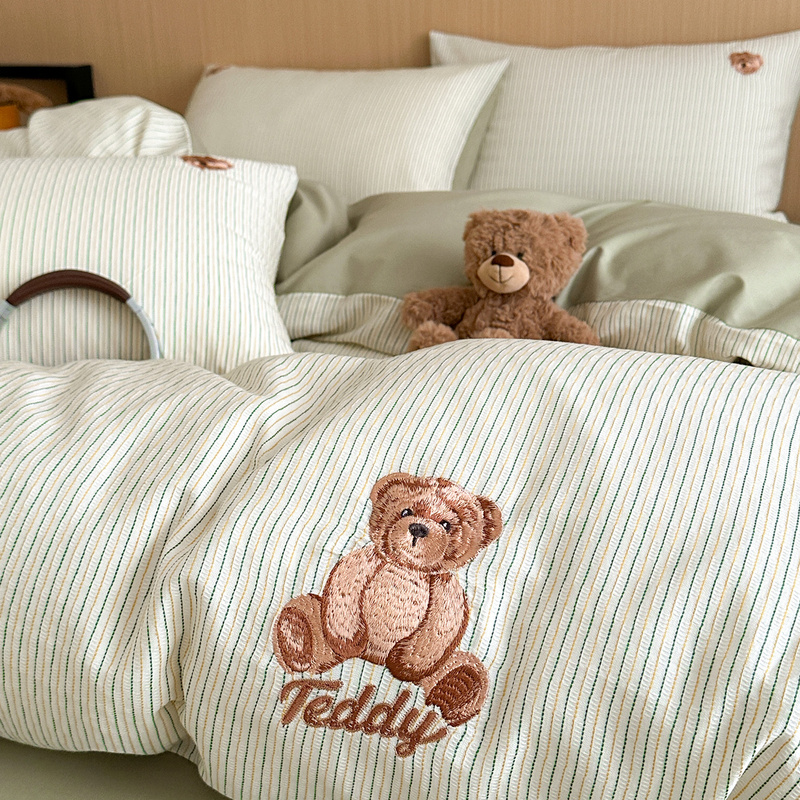 Teddy Bear Jacquard Cotton Bedding Four-Piece Set Pure Cotton Washed Cotton Embroidered Duvet Cover Bed Sheet Dormitory Three-Piece Set
