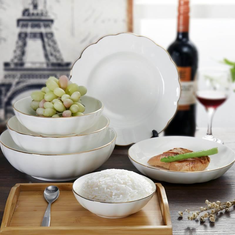 Jinpai Bone China Bowl and Plate Set with Gold Rim, Deep Dish, Home-Use Cooking Plate, High-End European-Style Bowl and Plate Set Tableware