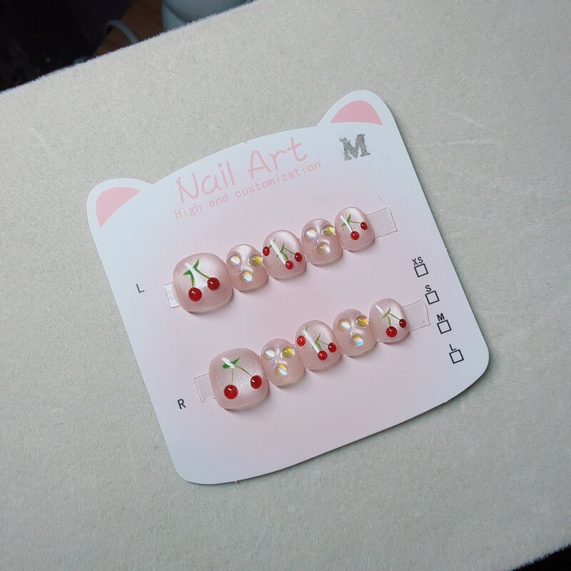 Cherry Cat Eye Children's Handmade Wearable Nails for Ages 3-8, Cute Nail Art, Reusable and Detachable Nail Art