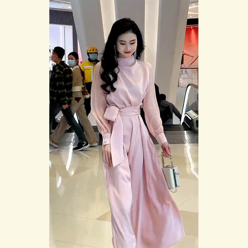 Early Spring French-Style Goddess-Like Long Dress with a High-End Feel for Formal Occasions, Pink Acetate Satin Long-Sleeved Dress Early Spring French-Style Goddess-Like Long Dress with a High-End Feel for Formal Occasions, Pink Acetate Satin Long-Sleeved Dress