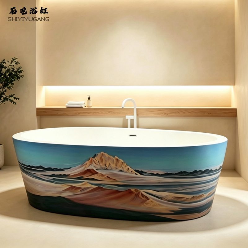 Stone Art Desert-Style Textured Integrated Freestanding Bathtub for Home, Hotel, and Guesthouse Use, Artificial Stone Large Backrest Bath Basin