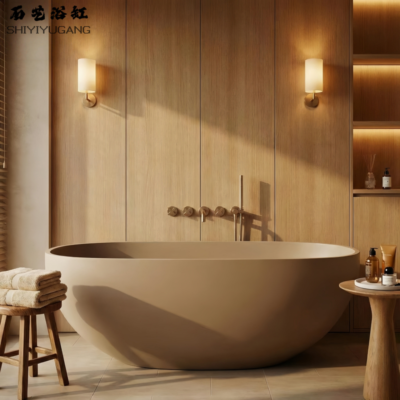 Rice Coffee Color Oval-Shaped Beautiful Stone Artificial Stone Bathtub for Home, Guesthouse, Hotel, Artistic Integrated Freestanding Bathtub