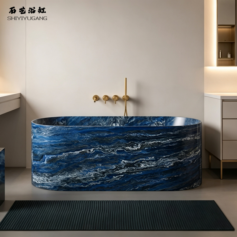 Stone Art Blue Ocean Texture Integrated Freestanding Bathtub for Home, Hotel, and Guesthouse Use, Artificial Stone Large Backrest Bath Basin