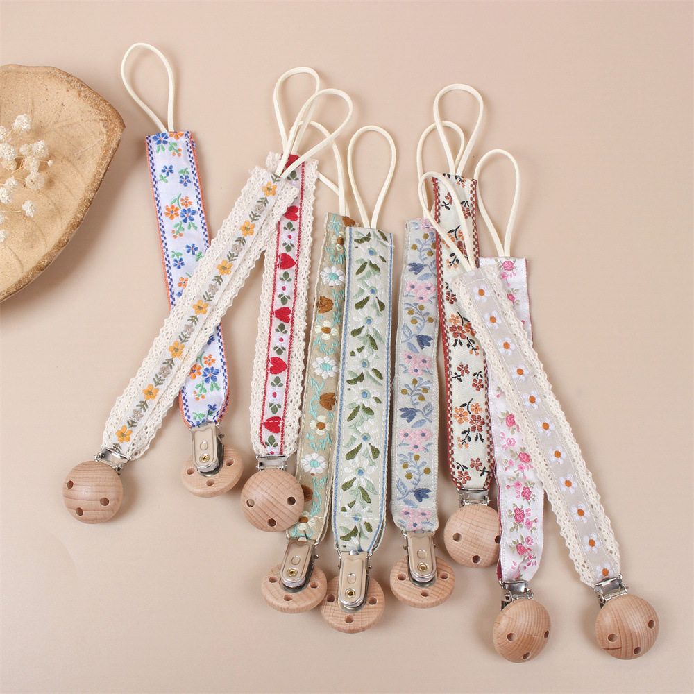 Baby Pacifier Chain Pacifying Tooth Glue Anti-Fall Chain Baby Embroideries Retro Wind Toy Beech Wood Clips Anti Drop Chain-Taobao
