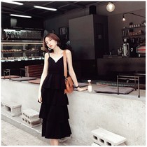 Suspender dress beach dress women seaside holiday dress Super fairy black cake dress multi-level Thai dress