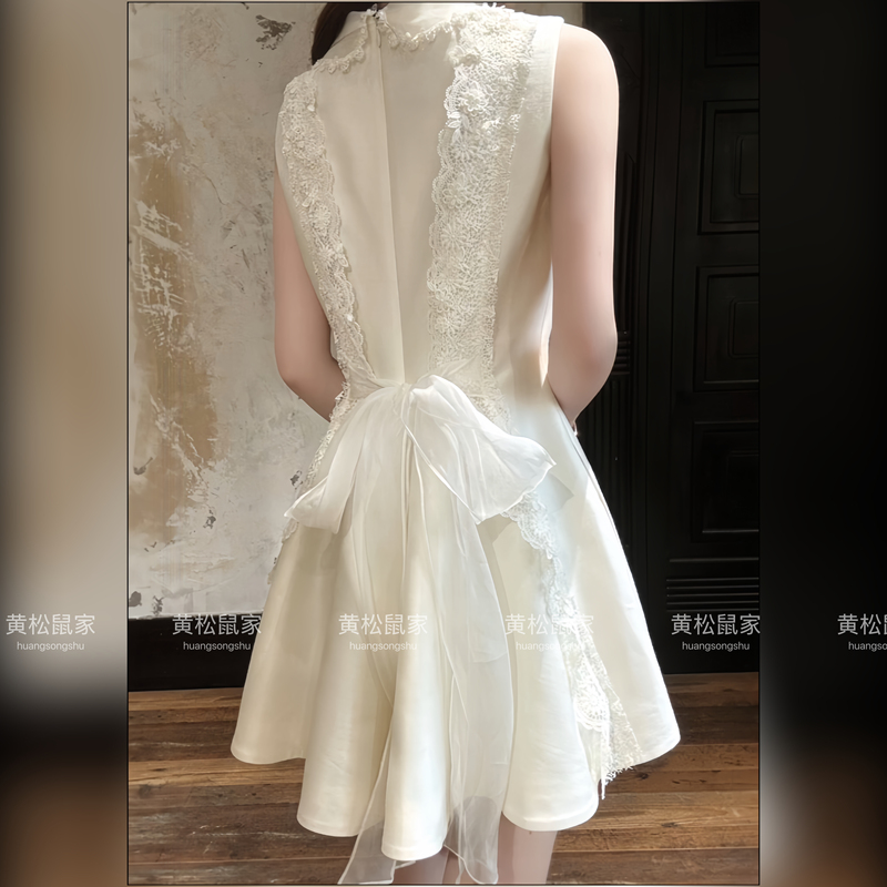 Qianjinfeng White Lace Doll Collar Dress for Women 2026 New Style Tie Bow Tank Dress Formal Dress Skirt